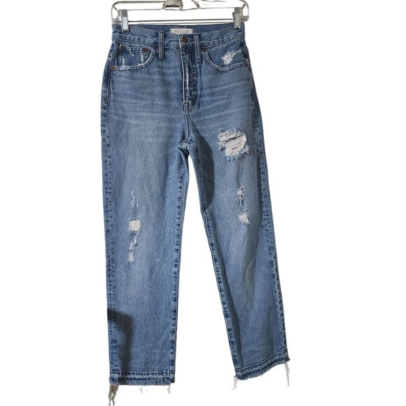 Madewell Classic Straight Jeans Size 25 Distressed Medium Wash Raw Hem - Picture 1 of 7